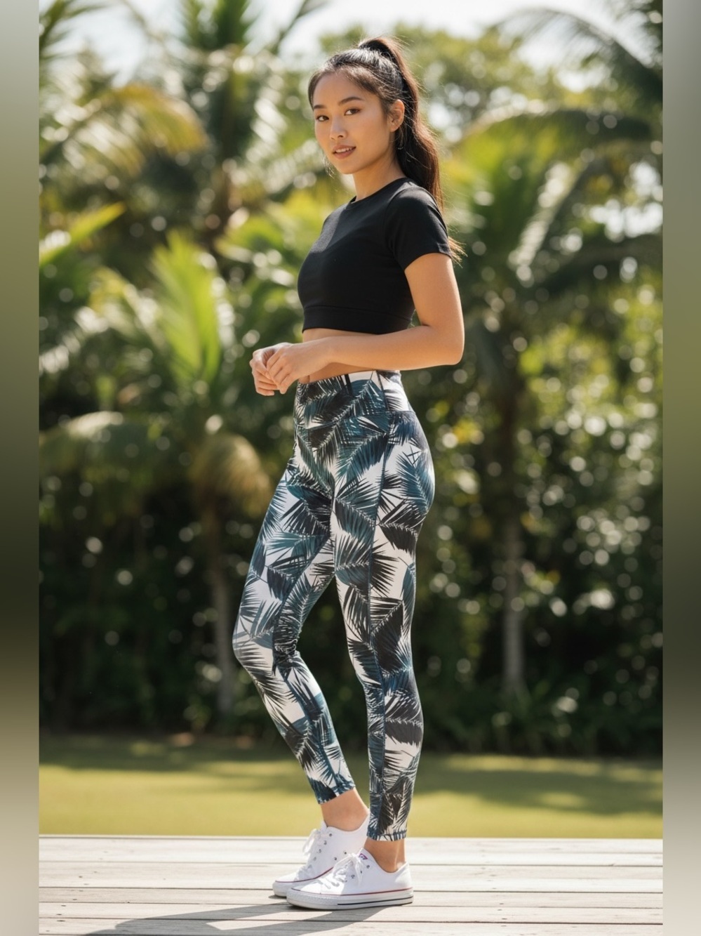Tropical Palm Print Leggings - Teal & Black